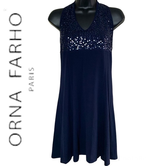 Orna Farho Dark Navy Blue Sequinned Halter Dress - Picture 1 of 13